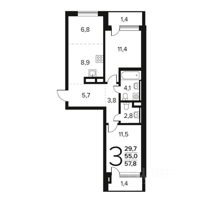 2-BD Apartment Sale, 57.8 sq. m. at Novye Vatutinki. Kvartal u vody, mikrorayon Zarechny, zhiloy rayon Novyye Vatutinki, Troitsk District, Moscow, Russia #1