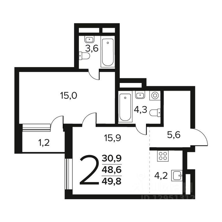 1-BD Apartment Sale, 49.8 sq. m. at Novye Vatutinki. Kvartal u vody, mikrorayon Zarechny, zhiloy rayon Novyye Vatutinki, Troitsk District, Moscow, Russia #1
