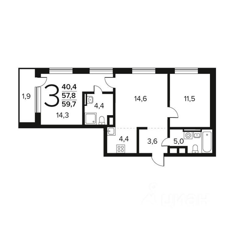 2-BD Apartment Sale, 59.7 sq. m. at Novye Vatutinki. Kvartal u vody, mikrorayon Zarechny, zhiloy rayon Novyye Vatutinki, Troitsk District, Moscow, Russia #1