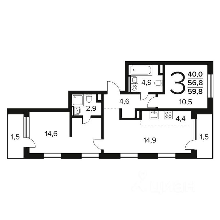 2-BD Apartment Sale, 59.8 sq. m. at Novye Vatutinki. Kvartal u vody, mikrorayon Zarechny, zhiloy rayon Novyye Vatutinki, Troitsk District, Moscow, Russia #1