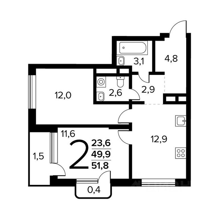 1-BD Apartment Sale, 51.8 sq. m. at Novye Vatutinki. Kvartal u vody, mikrorayon Zarechny, zhiloy rayon Novyye Vatutinki, Troitsk District, Moscow, Russia #1