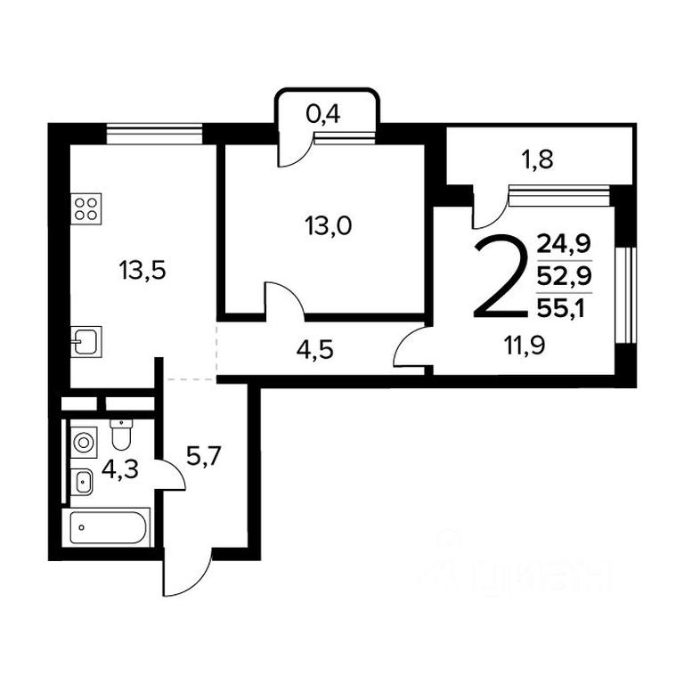 1-BD Apartment Sale, 55.1 sq. m. at Novye Vatutinki. Kvartal u vody, mikrorayon Zarechny, zhiloy rayon Novyye Vatutinki, Troitsk District, Moscow, Russia #1