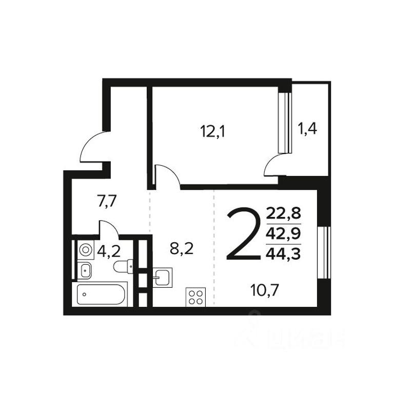 1-BD Apartment Sale, 44.3 sq. m. at Novye Vatutinki. Kvartal u vody, mikrorayon Zarechny, zhiloy rayon Novyye Vatutinki, Troitsk District, Moscow, Russia #1
