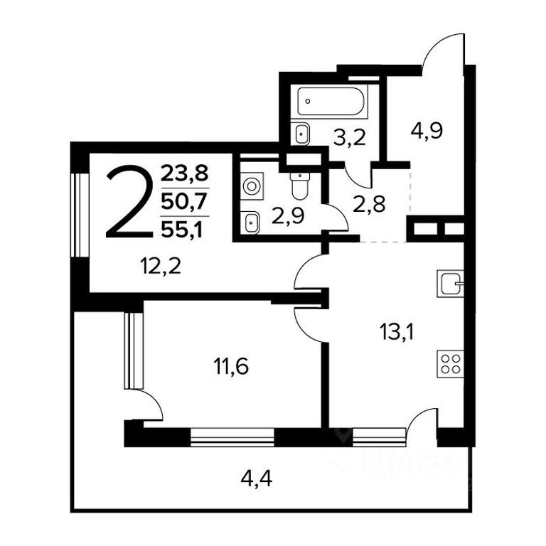 1-BD Apartment Sale, 55.1 sq. m. at Novye Vatutinki. Kvartal u vody, mikrorayon Zarechny, zhiloy rayon Novyye Vatutinki, Troitsk District, Moscow, Russia #1