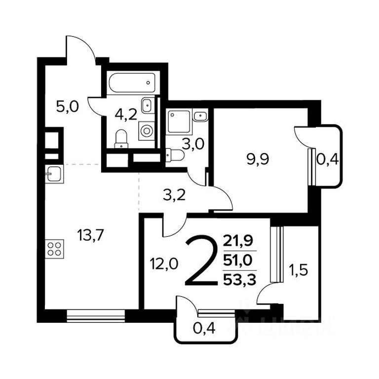 1-BD Apartment Sale, 53.3 sq. m. at Novye Vatutinki. Kvartal u vody, mikrorayon Zarechny, zhiloy rayon Novyye Vatutinki, Troitsk District, Moscow, Russia #1