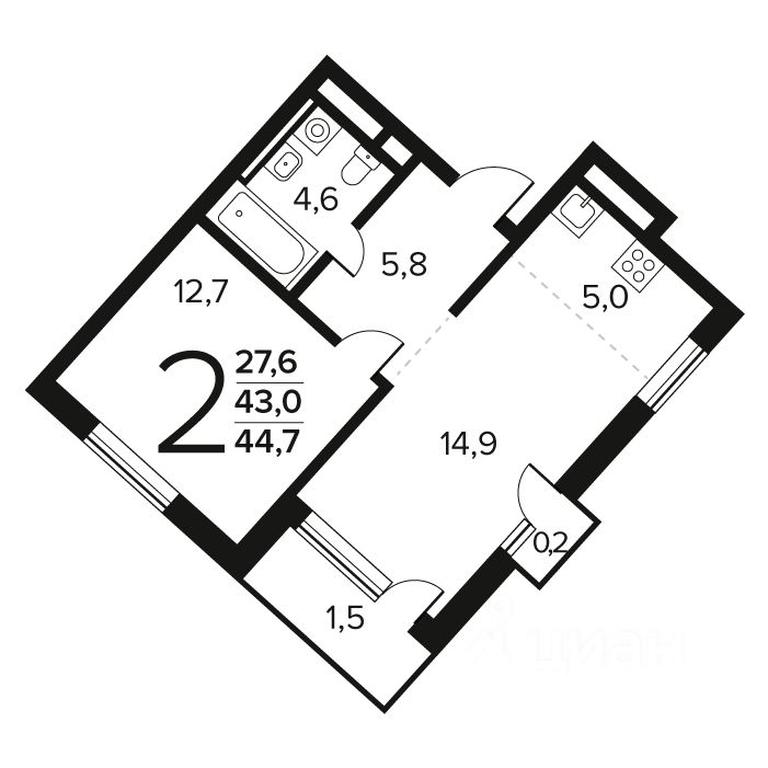 1-BD Apartment Sale, 44.7 sq. m. at Novye Vatutinki. Kvartal u vody, mikrorayon Zarechny, zhiloy rayon Novyye Vatutinki, Troitsk District, Moscow, Russia #1