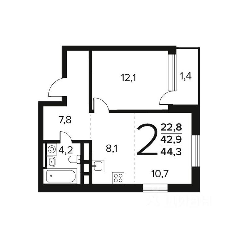 1-BD Apartment Sale, 44.3 sq. m. at Novye Vatutinki. Kvartal u vody, mikrorayon Zarechny, zhiloy rayon Novyye Vatutinki, Troitsk District, Moscow, Russia #1