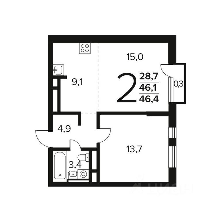 1-BD Apartment Sale, 46.4 sq. m. at Novye Vatutinki. Kvartal u vody, mikrorayon Zarechny, zhiloy rayon Novyye Vatutinki, Troitsk District, Moscow, Russia #1