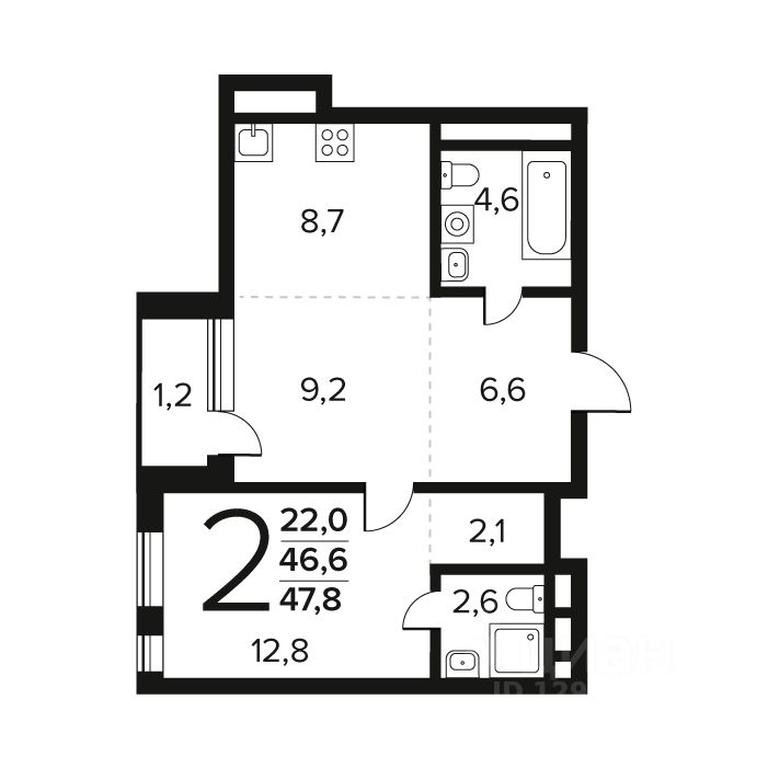 1-BD Apartment Sale, 47.8 sq. m. at Novye Vatutinki. Kvartal u vody, mikrorayon Zarechny, zhiloy rayon Novyye Vatutinki, Troitsk District, Moscow, Russia #1