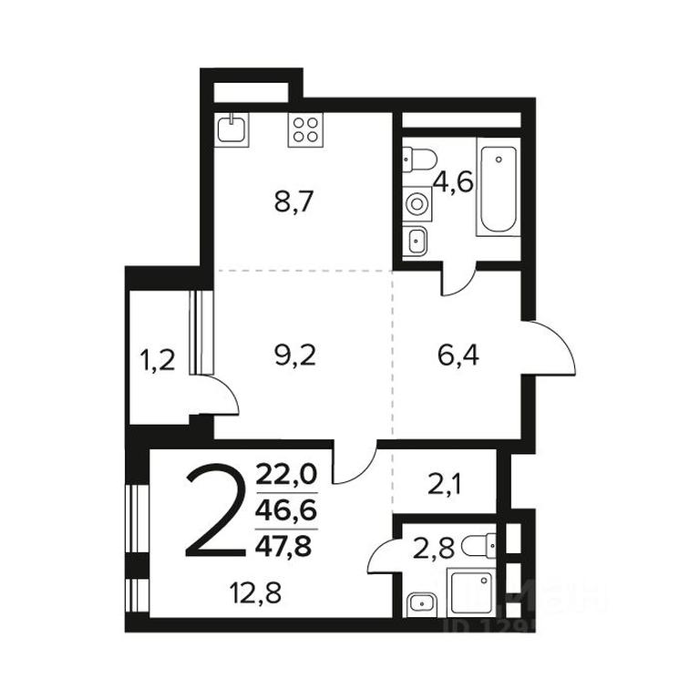 1-BD Apartment Sale, 47.8 sq. m. at Novye Vatutinki. Kvartal u vody, mikrorayon Zarechny, zhiloy rayon Novyye Vatutinki, Troitsk District, Moscow, Russia #1