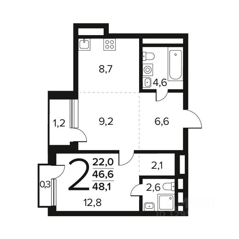 1-BD Apartment Sale, 48.1 sq. m. at Novye Vatutinki. Kvartal u vody, mikrorayon Zarechny, zhiloy rayon Novyye Vatutinki, Troitsk District, Moscow, Russia #1