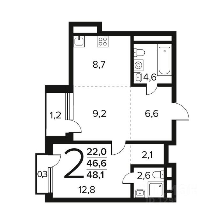 1-BD Apartment Sale, 48.1 sq. m. at Novye Vatutinki. Kvartal u vody, mikrorayon Zarechny, zhiloy rayon Novyye Vatutinki, Troitsk District, Moscow, Russia #1