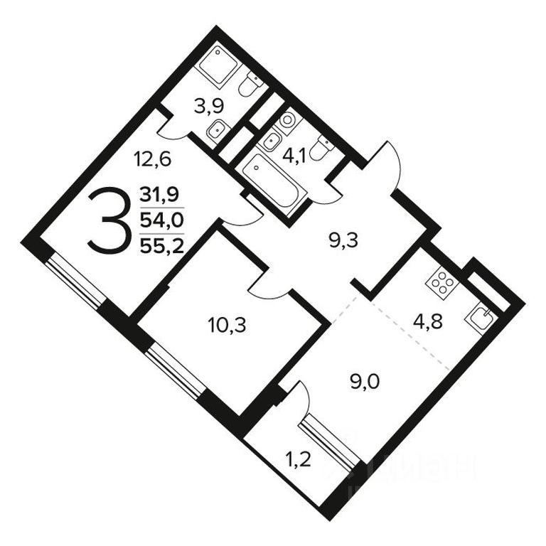 2-BD Apartment Sale, 55.2平方米 at Novye Vatutinki. Kvartal u vody, mikrorayon Zarechny, zhiloy rayon Novyye Vatutinki, Troitsk District, Moscow, Russia #1