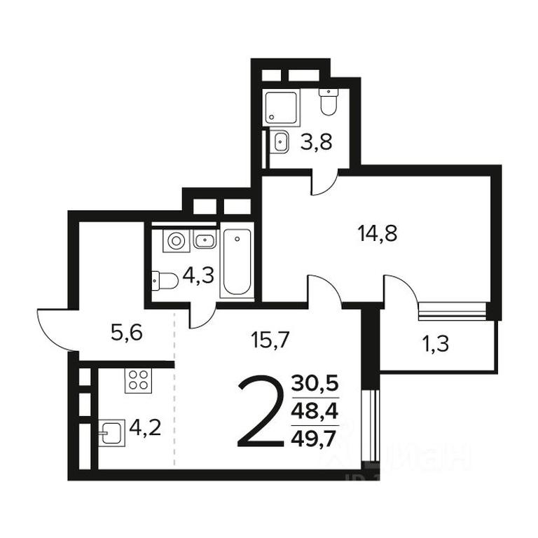 1-BD Apartment Sale, 49.7 sq. m. at Novye Vatutinki. Kvartal u vody, mikrorayon Zarechny, zhiloy rayon Novyye Vatutinki, Troitsk District, Moscow, Russia #1