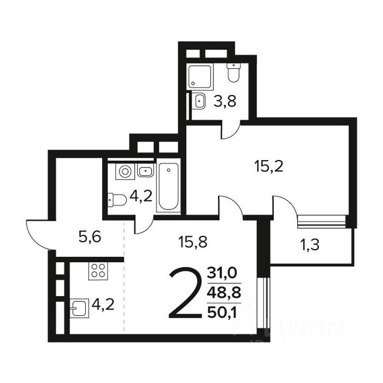1-BD Apartment Sale, 50.1 sq. m. at Novye Vatutinki. Kvartal u vody, mikrorayon Zarechny, zhiloy rayon Novyye Vatutinki, Troitsk District, Moscow, Russia #1