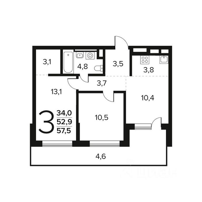2-BD Apartment Sale, 57.5平方米 at Novye Vatutinki. Kvartal u vody, mikrorayon Zarechny, zhiloy rayon Novyye Vatutinki, Troitsk District, Moscow, Russia #1