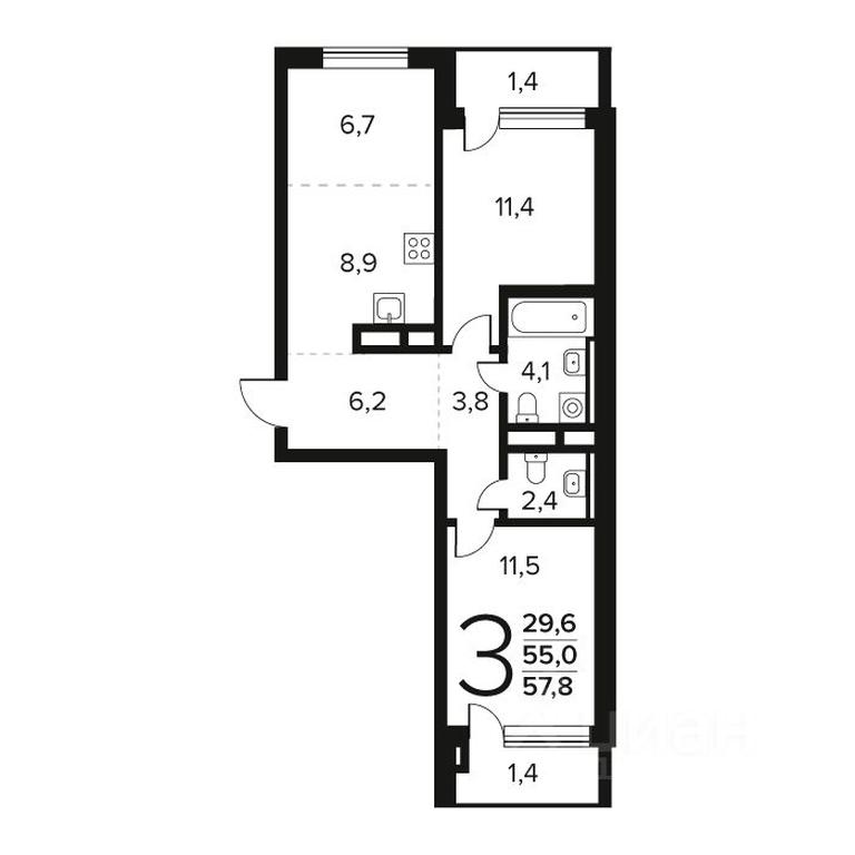 2-BD Apartment Sale, 57.8 sq. m. at Novye Vatutinki. Kvartal u vody, mikrorayon Zarechny, zhiloy rayon Novyye Vatutinki, Troitsk District, Moscow, Russia #1