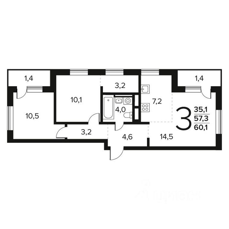 2-BD Apartment Sale, 60.1平方米 at Novye Vatutinki. Kvartal u vody, mikrorayon Zarechny, zhiloy rayon Novyye Vatutinki, Troitsk District, Moscow, Russia #1