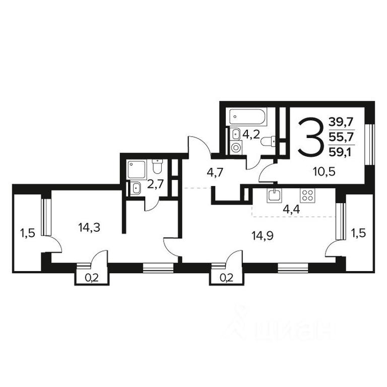 2-BD Apartment Sale, 59.1 sq. m. at Novye Vatutinki. Kvartal u vody, mikrorayon Zarechny, zhiloy rayon Novyye Vatutinki, Troitsk District, Moscow, Russia #1