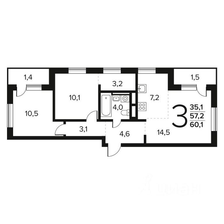 2-BD Apartment Sale, 60.1 sq. m. at Novye Vatutinki. Kvartal u vody, mikrorayon Zarechny, zhiloy rayon Novyye Vatutinki, Troitsk District, Moscow, Russia #1