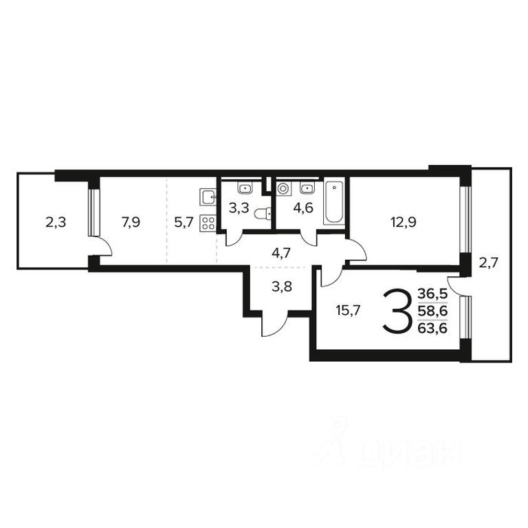 2-BD Apartment Sale, 63.6 sq. m. at Novye Vatutinki. Kvartal u vody, mikrorayon Zarechny, zhiloy rayon Novyye Vatutinki, Troitsk District, Moscow, Russia #1