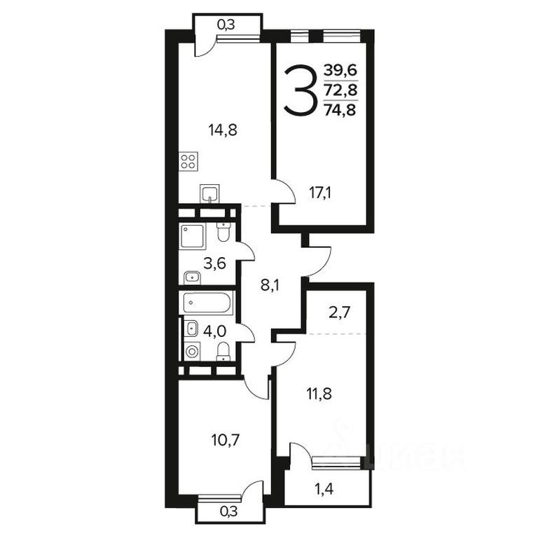 2-BD Apartment Sale, 74.8平方米 at Novye Vatutinki. Kvartal u vody, mikrorayon Zarechny, zhiloy rayon Novyye Vatutinki, Troitsk District, Moscow, Russia #1