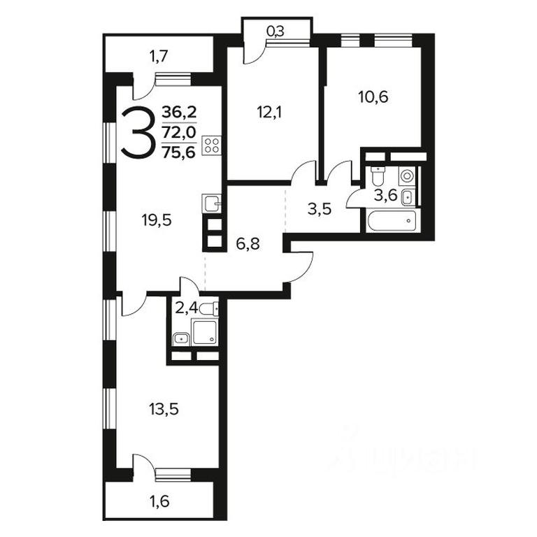 2-BD Apartment Sale, 75.6 sq. m. at Novye Vatutinki. Kvartal u vody, mikrorayon Zarechny, zhiloy rayon Novyye Vatutinki, Troitsk District, Moscow, Russia #1