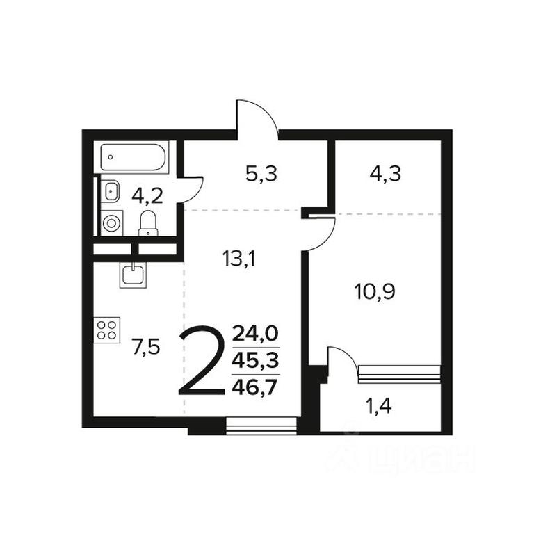 1-BD Apartment Sale, 46.7 sq. m. at Novye Vatutinki. Kvartal u vody, mikrorayon Zarechny, zhiloy rayon Novyye Vatutinki, Troitsk District, Moscow, Russia #1