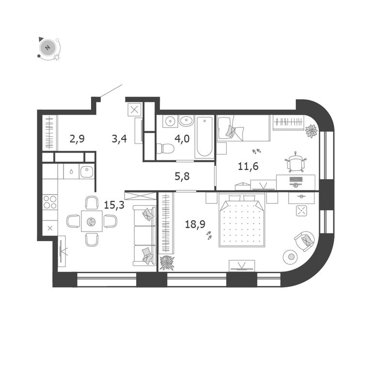 2-BD Apartment Sale, 61.9 sq. m. at Shagal, Автозаводская улица, 23, Москва, Россия #1