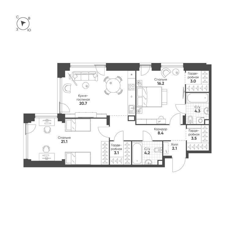 2-BD Apartment Sale, 86.6 sq. m. at Shagal, Автозаводская улица, 23, Москва, Россия #1