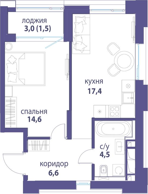 1-BD Apartment Sale, 44.6平方米 at Simvol, Nevelskogo Drive, 6к1, Moscow, Russia #1