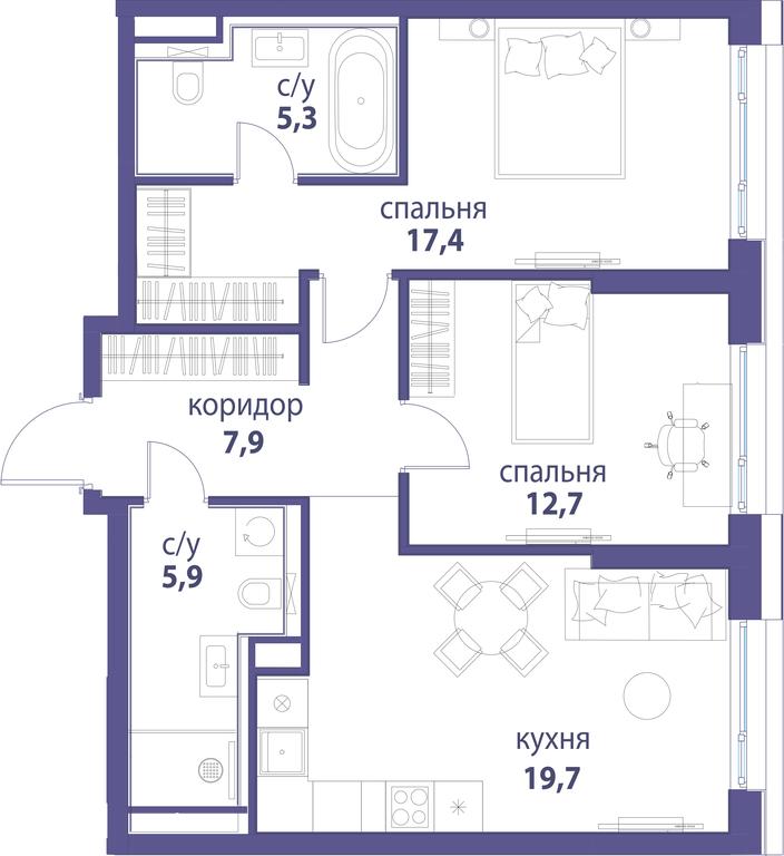 2-BD Apartment Sale, 68.9平方米 at Simvol, Nevelskogo Drive, 6к1, Moscow, Russia #1