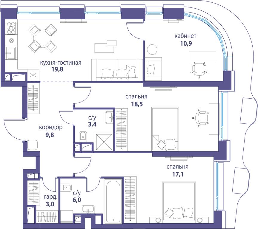 3-BD Apartment Sale, 88.5平方米 at Simvol, Nevelskogo Drive, 6к1, Moscow, Russia #1