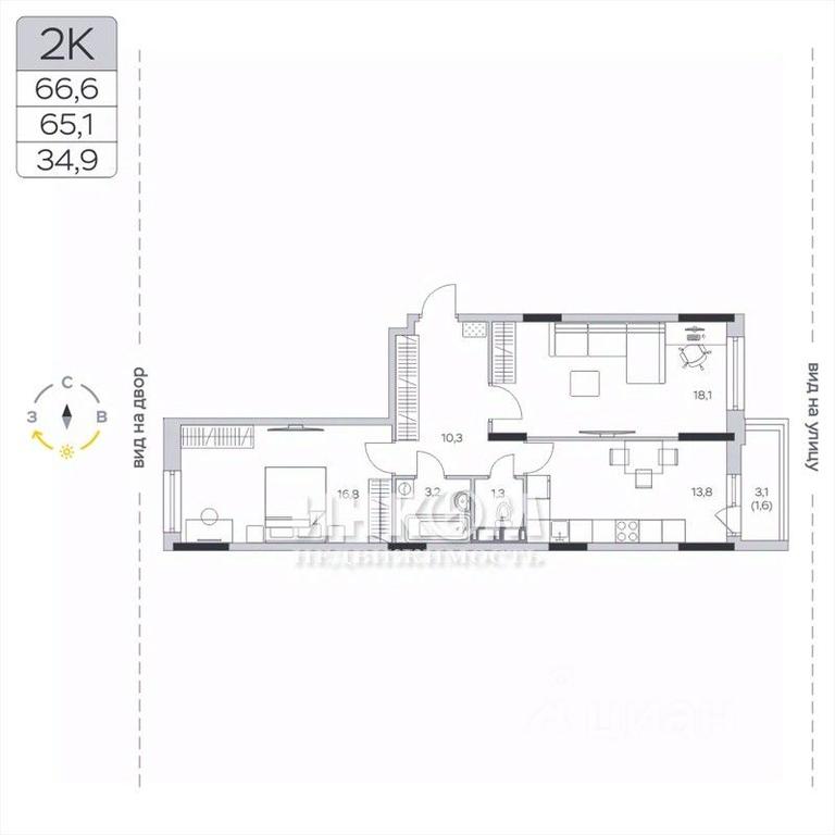 1-BD Apartment Sale, 65.3平方米 at Pirogovskaya Rivera, Tsentralnaya Street, Pirogovo Village, Mytishi Urban District, Moscow Region, Russia #1