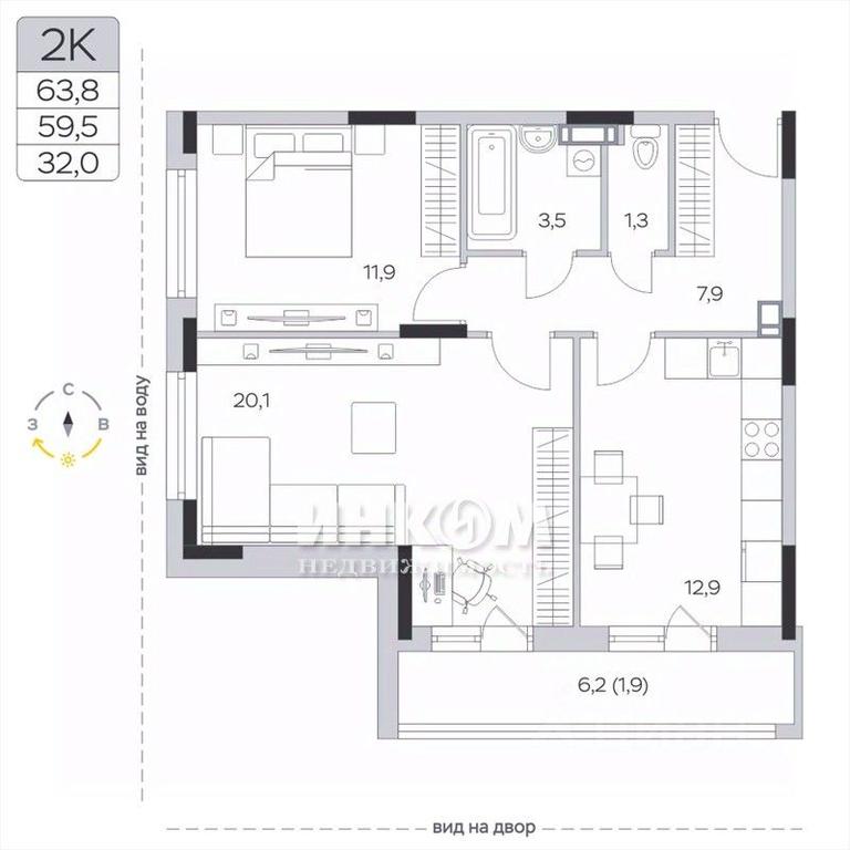 1-BD Apartment Sale, 59.3平方米 at Pirogovskaya Rivera, Tsentralnaya Street, Pirogovo Village, Mytishi Urban District, Moscow Region, Russia #1