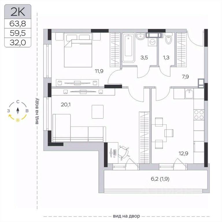 1-BD Apartment Sale, 59.3平方米 at Pirogovskaya Rivera, Tsentralnaya Street, Pirogovo Village, Mytishi Urban District, Moscow Region, Russia #2