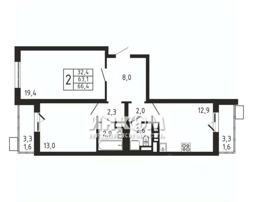 1-BD Apartment Sale, 66.4平方米 at Pirogovskaya Rivera, Tsentralnaya Street, Pirogovo Village, Mytishi Urban District, Moscow Region, Russia #1