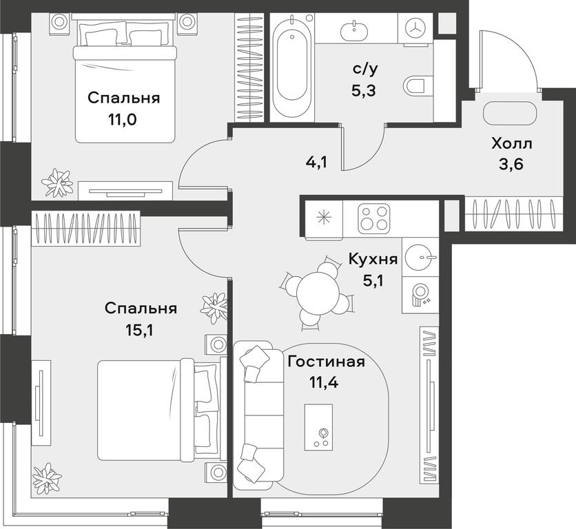 1-BD Apartment Sale, 55.6平方米 at Alia, Lyotnaya Street, 95Бк2, Moscow, Russia #1