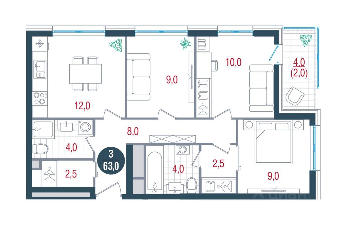 2-BD Apartment Sale, 63 sq. m. at RUSICh-Kantemirovskiy, Kavkazsky Boulevard, Moscow, Russia #1