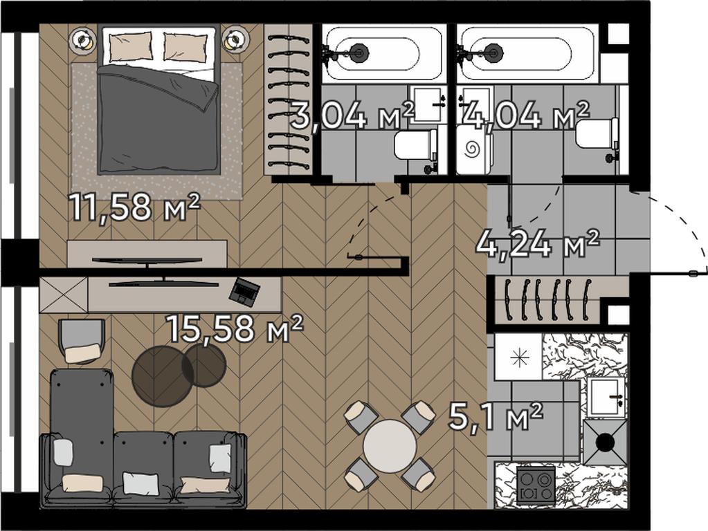 2-BD Apartment Sale, 43.58 sq. m. at Kvartal Serebryany Bor, Berzarina Street, Moscow, Russia #1