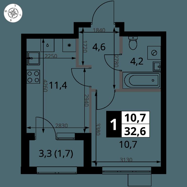 1-BD Apartment Sale, 32.6 sq. m. at 1 Yasenevskij, Kvartal № 24, Mosrentgen Settlement, Moscow, Russia #1