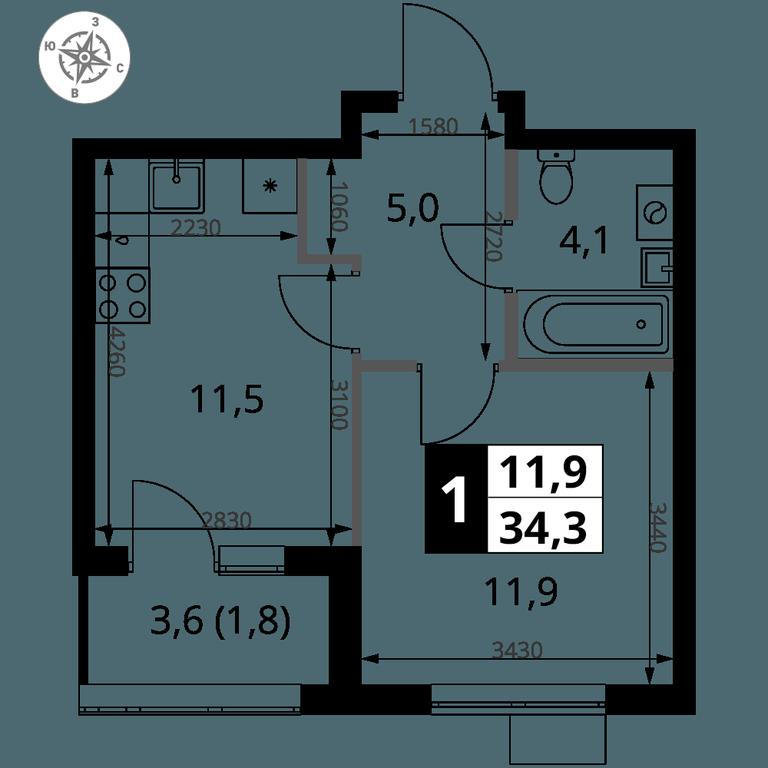 1-BD Apartment Sale, 34.3 sq. m. at 1 Yasenevskij, Kvartal № 24, Mosrentgen Settlement, Moscow, Russia #1