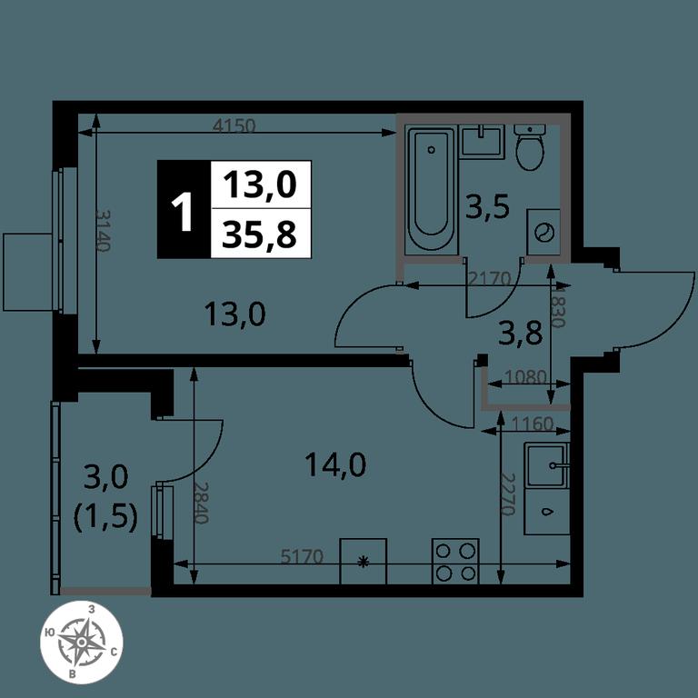 1-BD Apartment Sale, 35.8 sq. m. at 1 Yasenevskij, Kvartal № 24, Mosrentgen Settlement, Moscow, Russia #1
