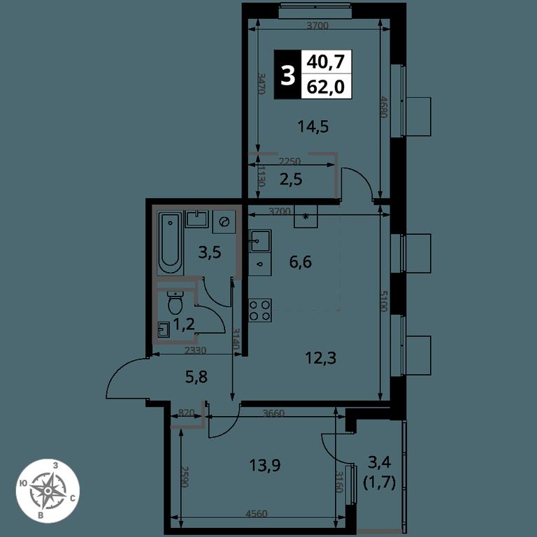 3-BD Apartment Sale, 62平方米 at 1 Yasenevskij, Kvartal № 24, Mosrentgen Settlement, Moscow, Russia #1