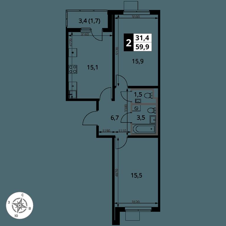 2-BD Apartment Sale, 59.9 sq. m. at 1 Yasenevskij, Kvartal № 24, Mosrentgen Settlement, Moscow, Russia #1 2-BD Apartment Sale, 59.9 sq. m. at 1 Yasenevskij, Kvartal № 24, Mosrentgen Settlement, Moscow, Russia #1