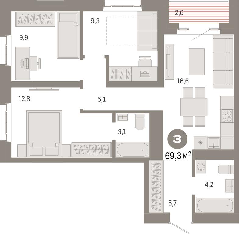3-BD Apartment Sale, 69.3 sq. m. at Kvartal Metronom, Tagilskaya Street, Moscow, Russia #1