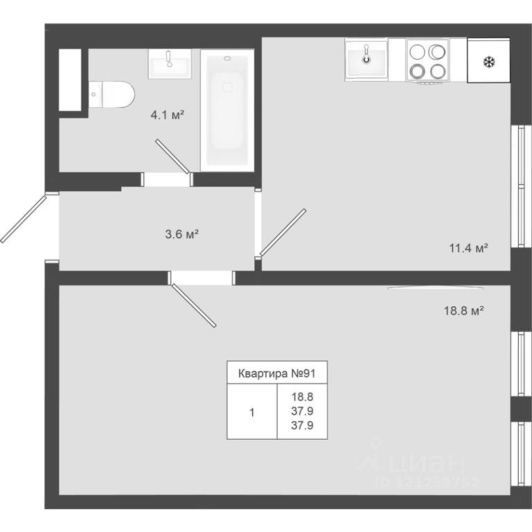 Apartment Sale, 37.9平方米 at Iakovlevo, ZhK Yakovlevo, kvartal № 145, Troitsk District, Moscow, Russia #1