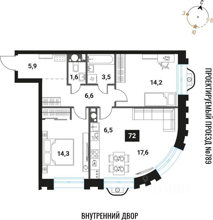 2-BD Apartment Sale, 70.2 sq. m. at Intelligent, Semyonovskaya Embankment, Moscow, Russia #1