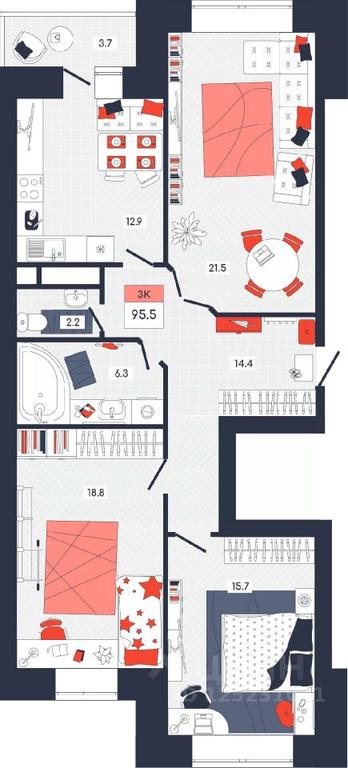 2-BD Apartment Sale, 95.5 sq. m. at Feniks, Tverskaya Street, Dubna, Moscow Region, Russia #1