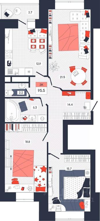 2-BD Apartment Sale, 95.5 sq. m. at Feniks, Tverskaya Street, Dubna, Moscow Region, Russia #1